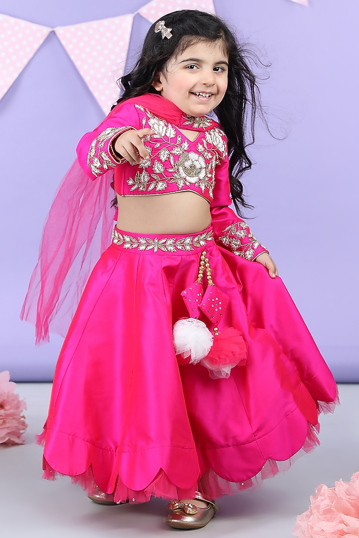 Hot Pink Silk Scalloped Lehenga Set For Girls by The Little celebs at Pernia's Pop Up Shop