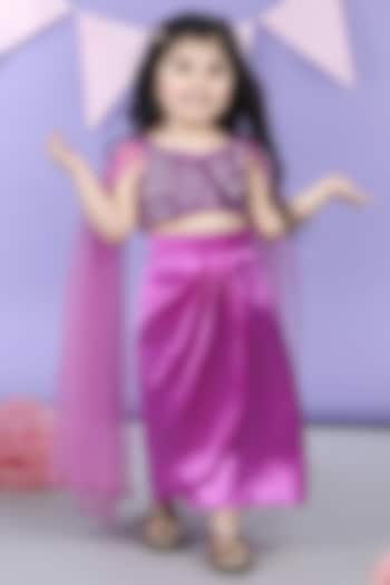 Purple Satin Embroidered Dhoti Skirt Set For Girls by The Little celebs