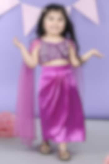 Purple Satin Embroidered Dhoti Skirt Set For Girls by The Little celebs at Pernia's Pop Up Shop