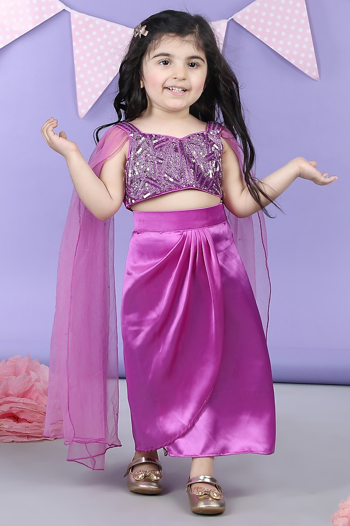 Purple Satin Embroidered Dhoti Skirt Set For Girls by The Little celebs at Pernia's Pop Up Shop