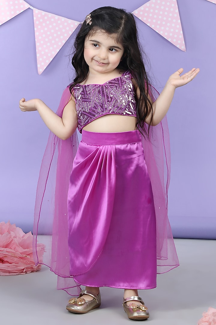 Purple Satin Embroidered Dhoti Skirt Set For Girls by The Little celebs at Pernia's Pop Up Shop