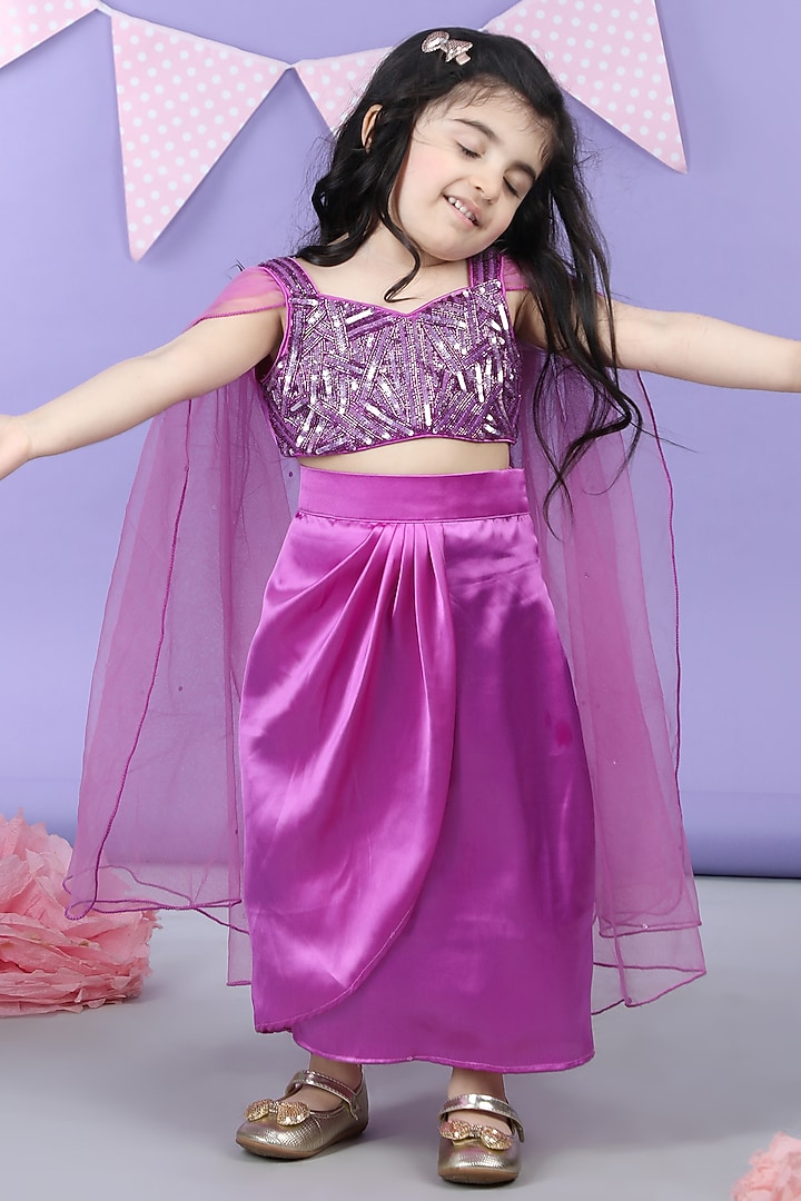 Purple Satin Embroidered Dhoti Skirt Set For Girls by The Little celebs at Pernia's Pop Up Shop