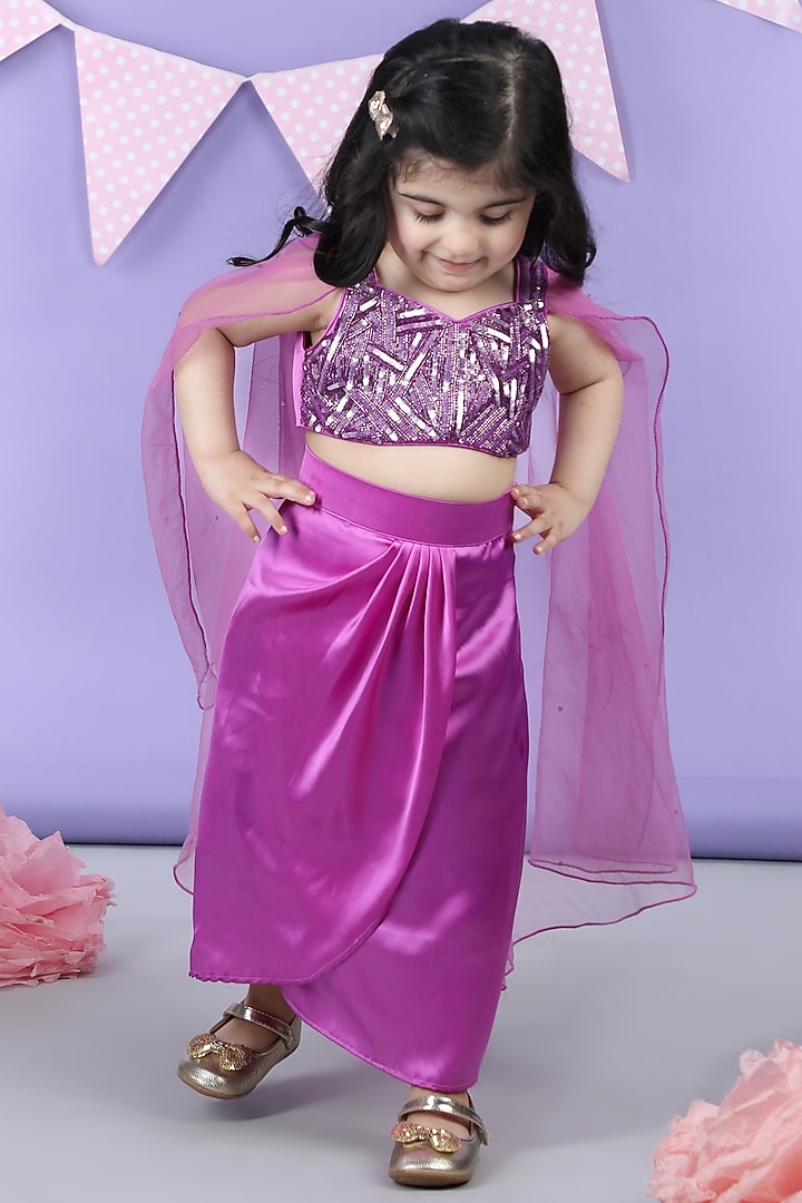 Purple Satin Embroidered Dhoti Skirt Set For Girls by The Little celebs at Pernia's Pop Up Shop