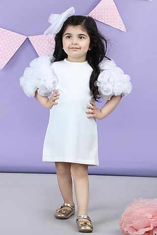 White Imported Crepe 3D Floral Embellished Dress For Girls by The Little celebs