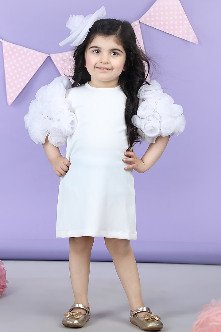 White Imported Crepe 3D Floral Embellished Dress For Girls by The Little celebs at Pernia s Pop Up Shop 2024