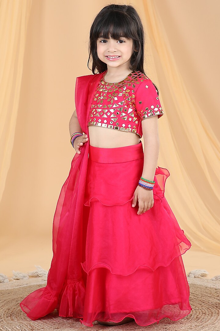 Hot Pink Organza Frilled Lehenga Set For Girls by The Little celebs at Pernia's Pop Up Shop