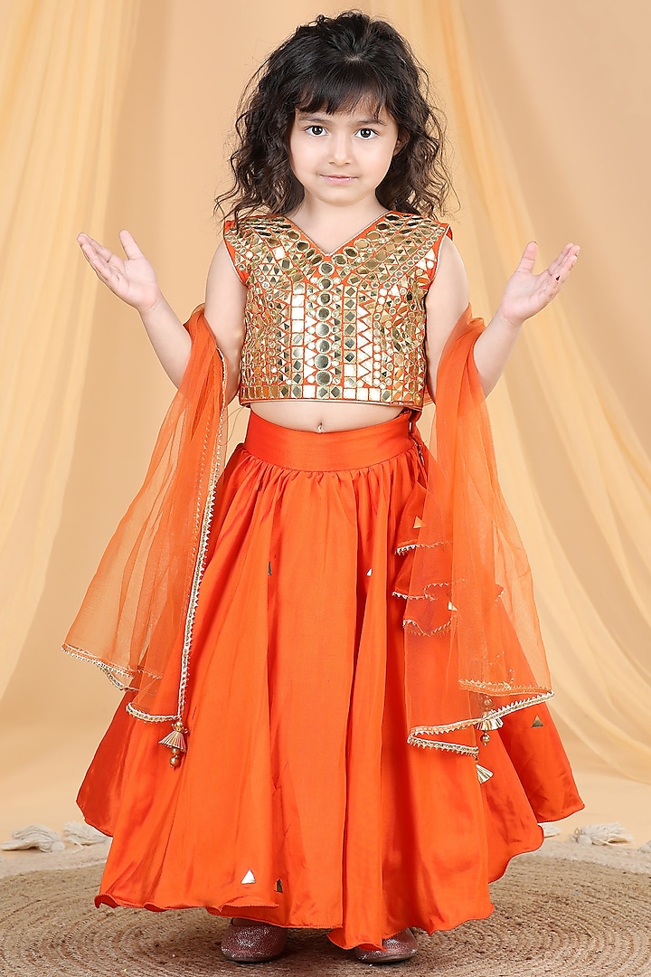 Orange Silk Lehenga Set For Girls by The Little celebs