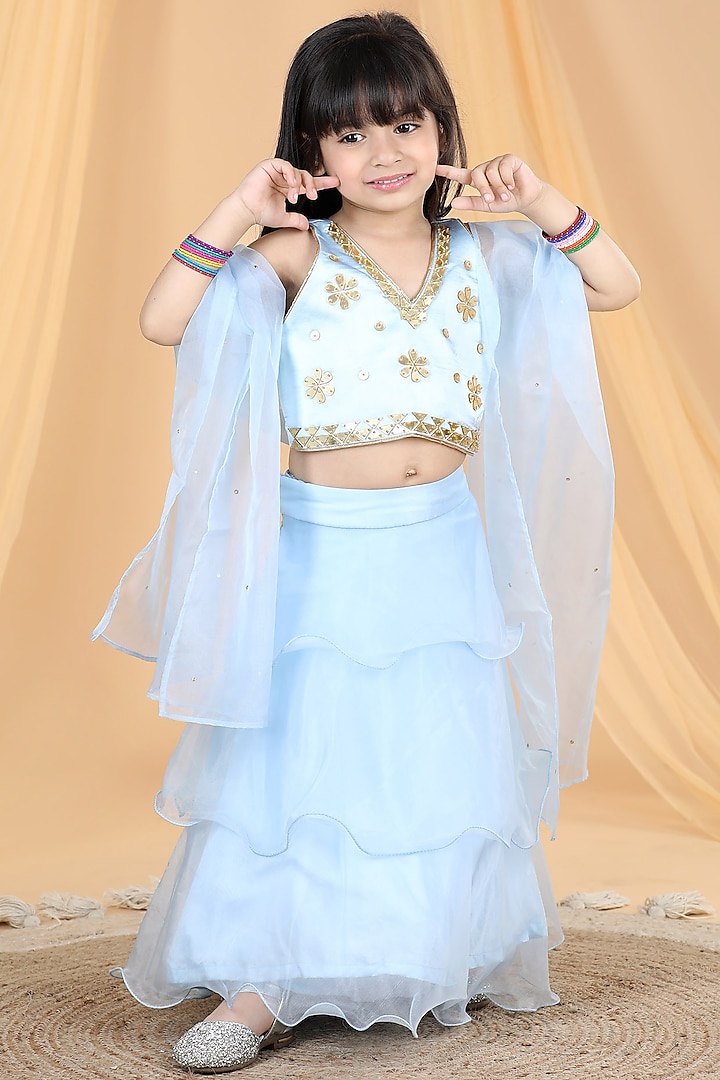 Ice Blue Organza Frilled Lehenga Set For Girls by The Little celebs at Pernia's Pop Up Shop