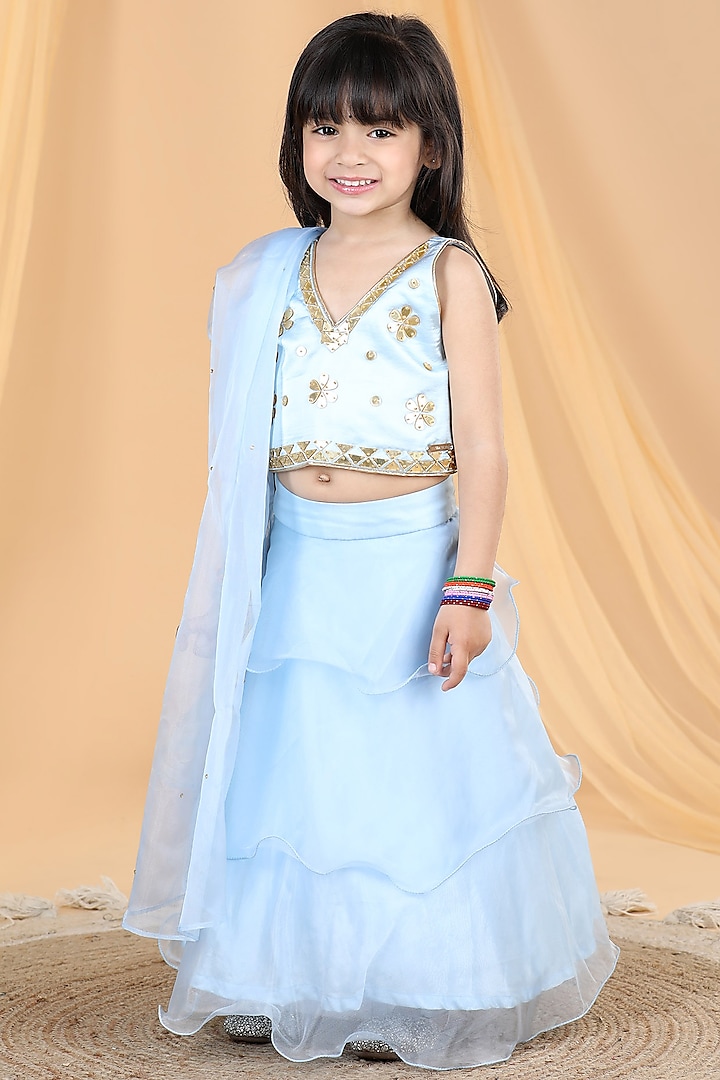 Ice Blue Organza Frilled Lehenga Set For Girls by The Little celebs at Pernia's Pop Up Shop