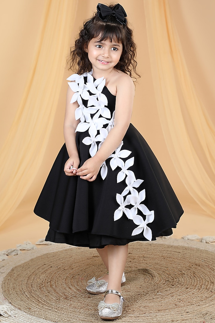 Black Neoprene Floral Embellished Dress For Girls by The Little celebs