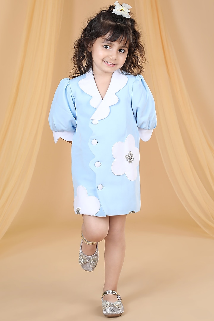 Ice Blue Imported Crepe Embroidered Coat Dress For Girls by The Little celebs