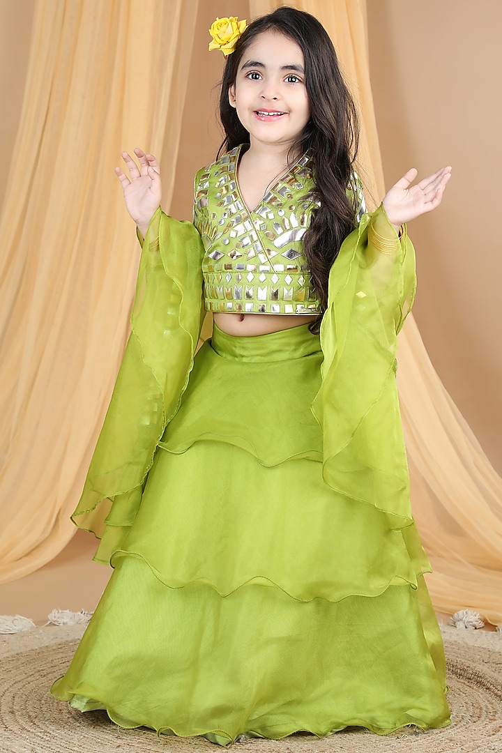 Green Organza Layered Lehenga Set For Girls by The Little celebs