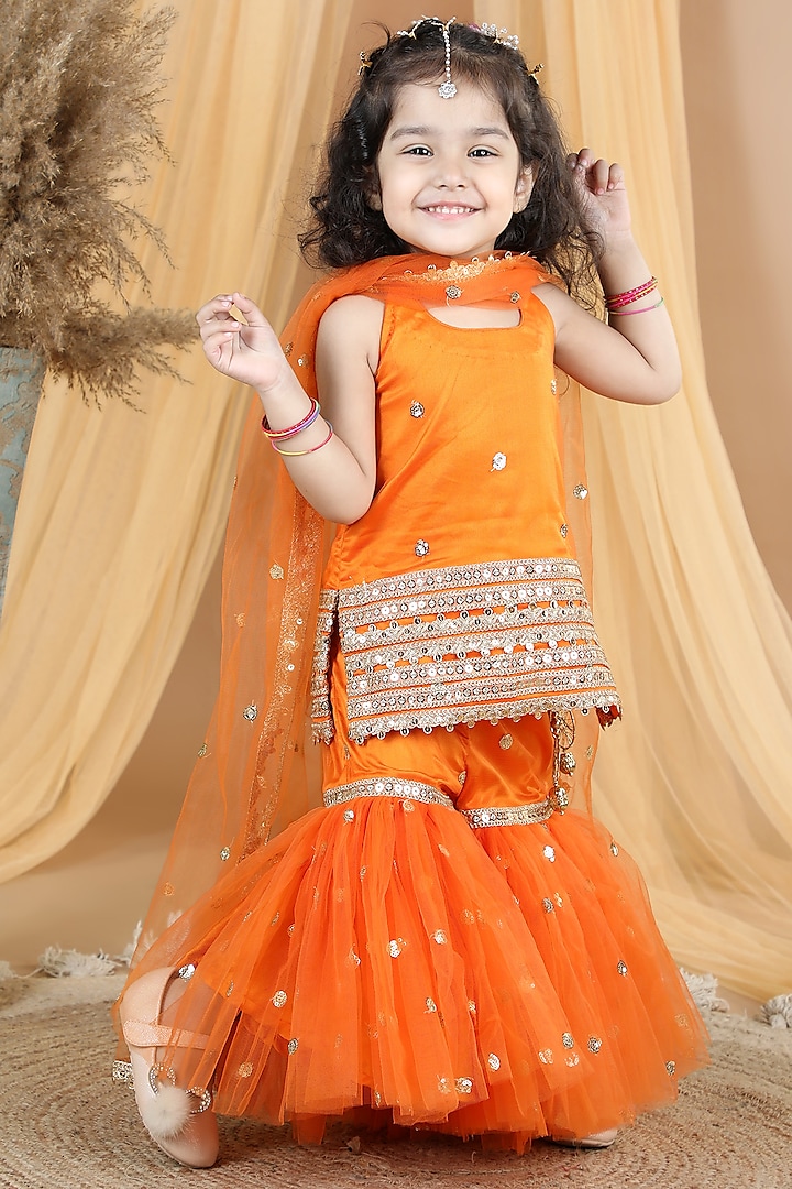 Orange Net Embellished Sharara Set For Girls by The Little celebs