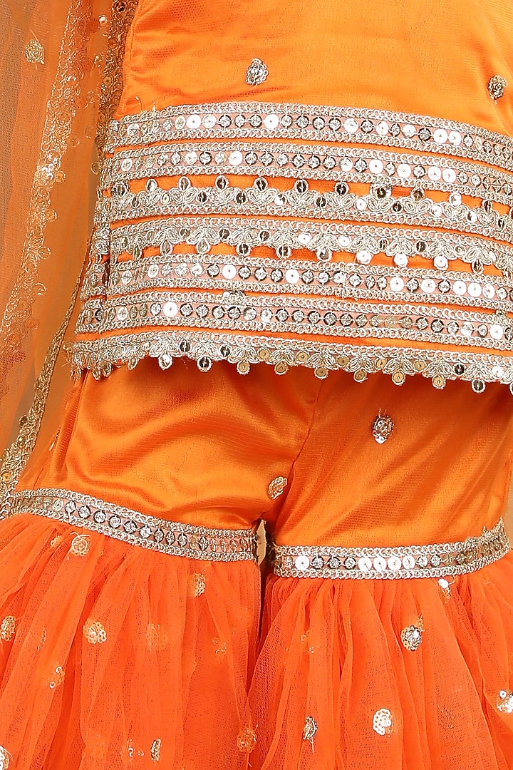Orange Net Embellished Sharara Set For Girls by The Little celebs at Pernia's Pop Up Shop