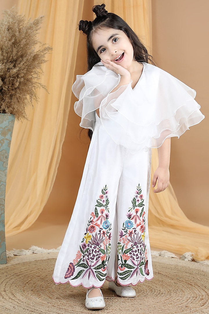 White Silk Embroidered Jumpsuit For Girls by The Little celebs