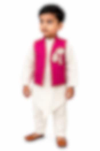 Pink Silk Blend Embroidered Nehru Jacket Set For Boys by The Little celebs at Pernia's Pop Up Shop