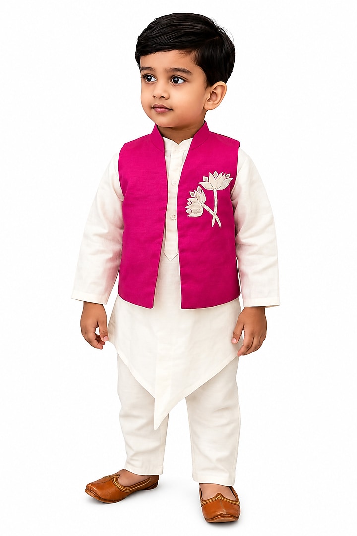 Pink Silk Blend Embroidered Nehru Jacket Set For Boys by The Little celebs at Pernia's Pop Up Shop