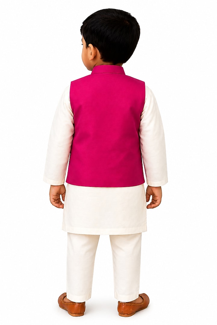 Pink Silk Blend Embroidered Nehru Jacket Set For Boys by The Little celebs at Pernia's Pop Up Shop