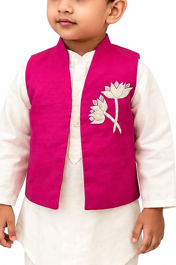 Pink Silk Blend Embroidered Nehru Jacket Set For Boys by The Little celebs at Pernia's Pop Up Shop