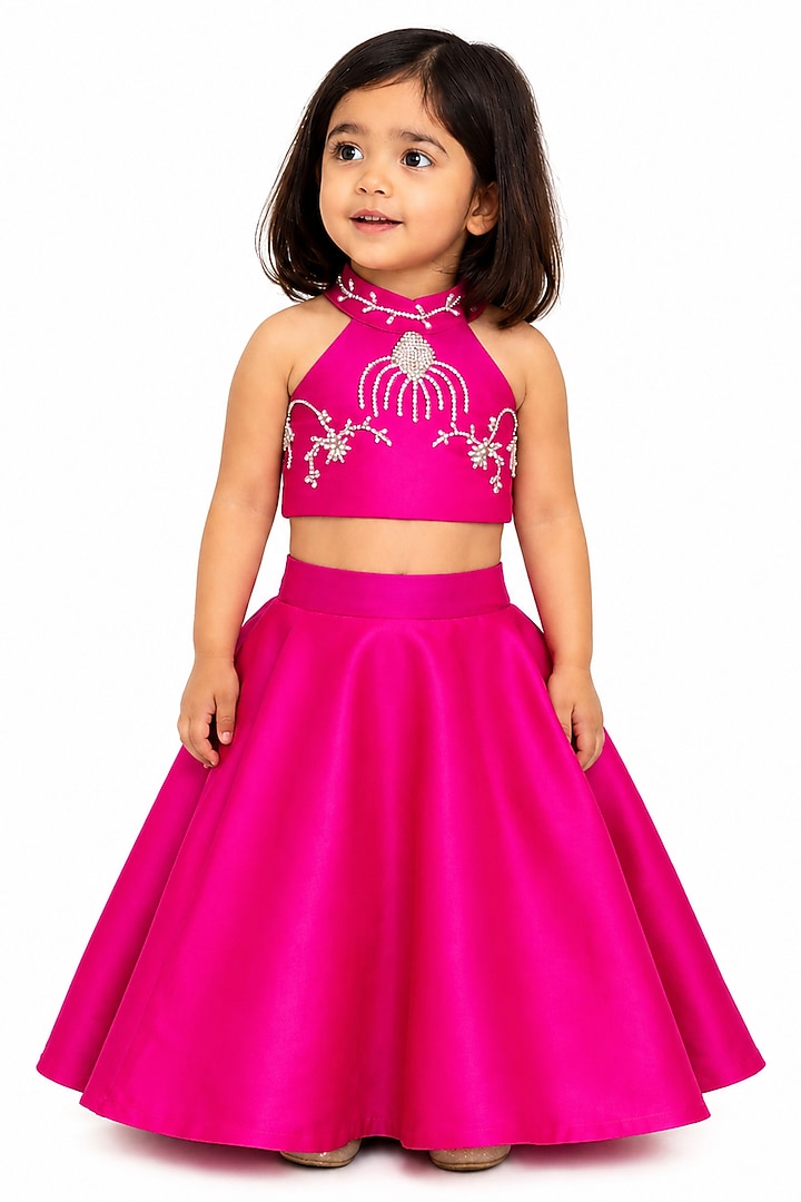 Pink Silk Blend Flared Lehenga Set For Girls by The Little celebs at Pernia's Pop Up Shop