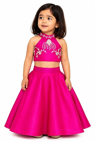 Pink Silk Blend Flared Lehenga Set For Girls by The Little celebs
