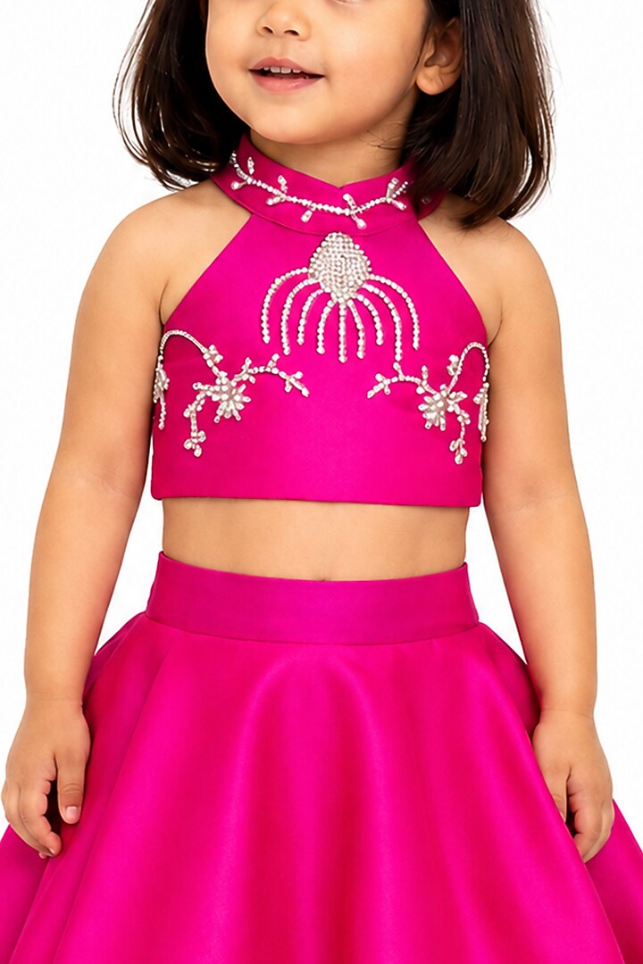 Pink Silk Blend Flared Lehenga Set For Girls by The Little celebs at Pernia's Pop Up Shop