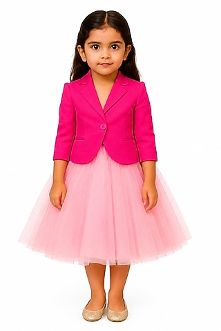 Pink Japanese Crepe & Net Flared Skirt Set by The Little celebs