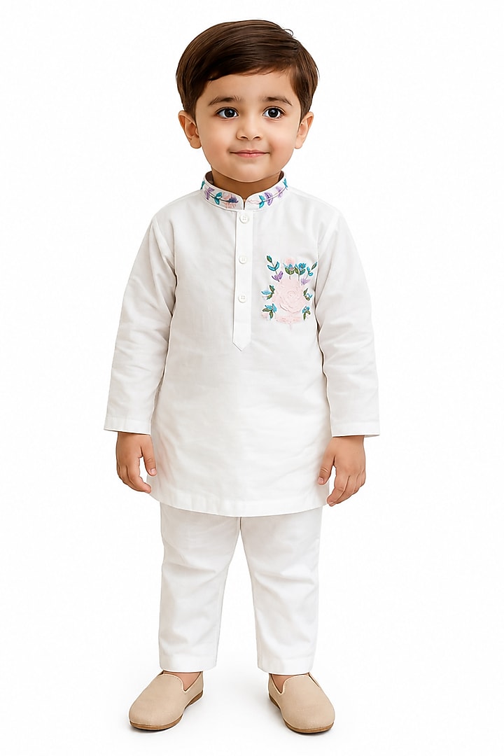White Silk Blend Kurta Set For Boys by The Little celebs at Pernia's Pop Up Shop