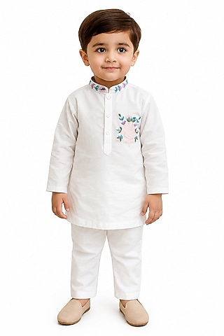 White Silk Blend Kurta Set For Boys by The Little celebs