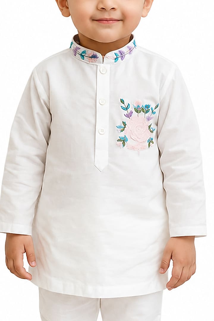 White Silk Blend Kurta Set For Boys by The Little celebs at Pernia's Pop Up Shop