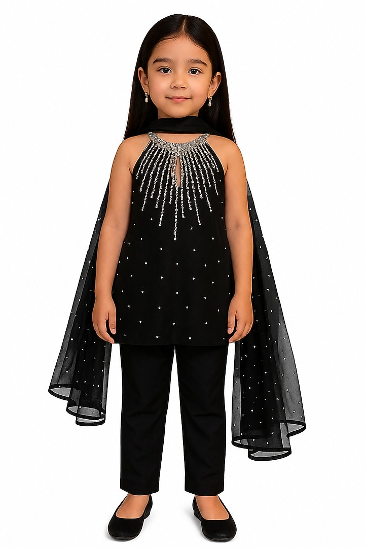 Black Silk Blend & Net Kurta Set For Girls by The Little celebs at Pernia's Pop Up Shop