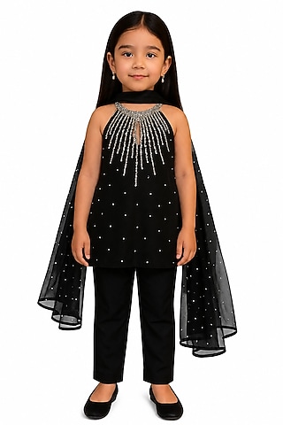 Black Silk Blend & Net Kurta Set For Girls by The Little celebs