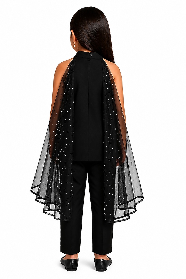 Black Silk Blend & Net Kurta Set For Girls by The Little celebs at Pernia's Pop Up Shop