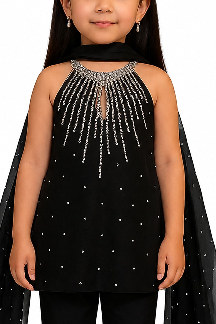 Black Silk Blend & Net Kurta Set For Girls by The Little celebs at Pernia's Pop Up Shop