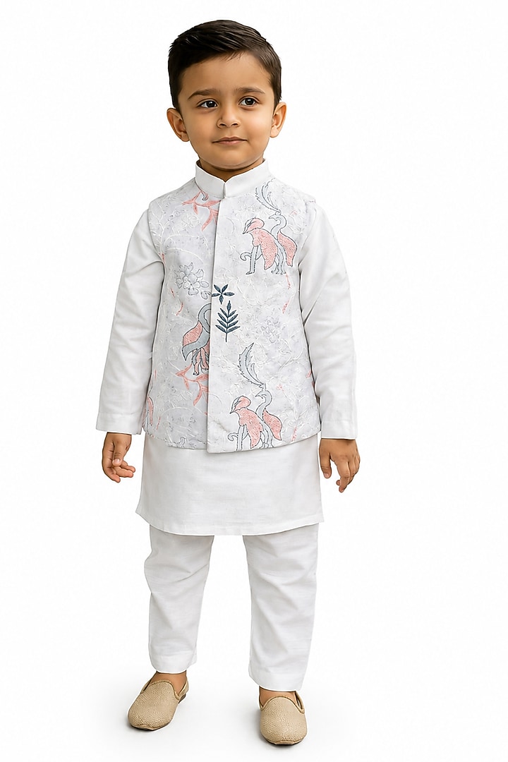 White Silk Blend Bundi Jacket Set For Boys by The Little celebs at Pernia's Pop Up Shop