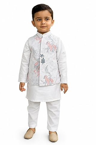 White Silk Blend Bundi Jacket Set For Boys by The Little celebs