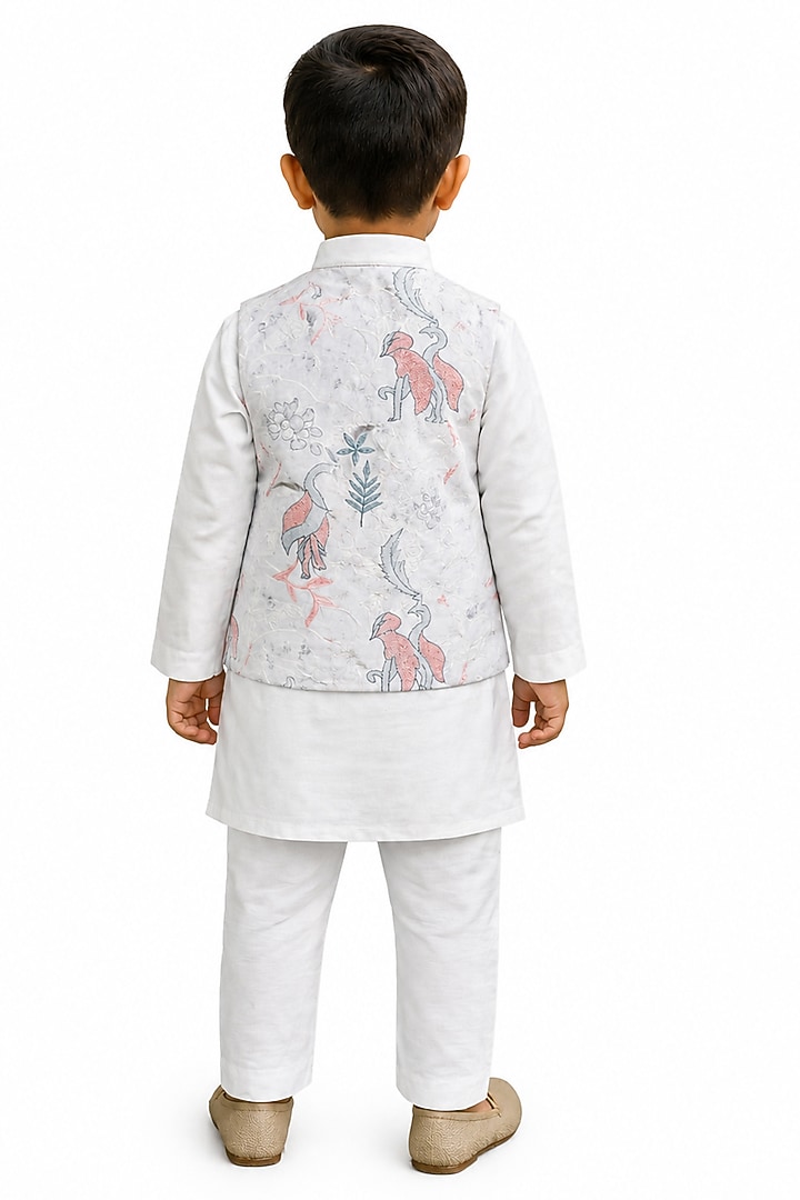 White Silk Blend Bundi Jacket Set For Boys by The Little celebs at Pernia's Pop Up Shop