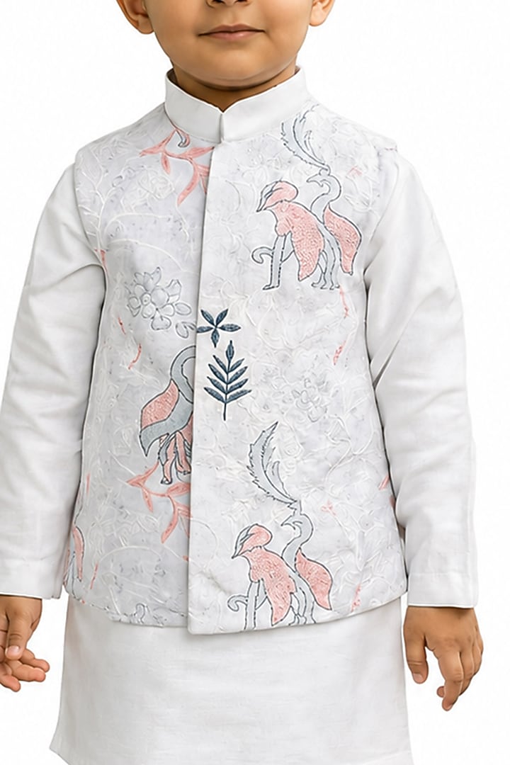 White Silk Blend Bundi Jacket Set For Boys by The Little celebs at Pernia's Pop Up Shop