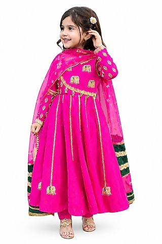 Hot Pink Silk Blend Hand Embroidered Anarkali Set For Girls by The Little celebs