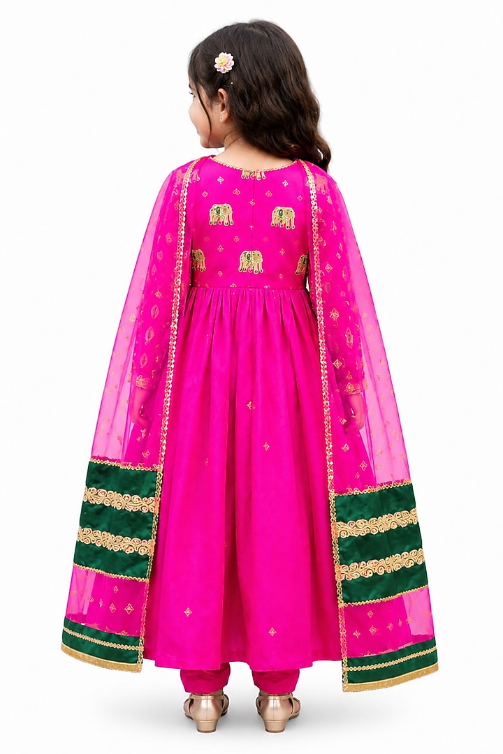 Hot Pink Silk Blend Hand Embroidered Anarkali Set For Girls by The Little celebs at Pernia's Pop Up Shop