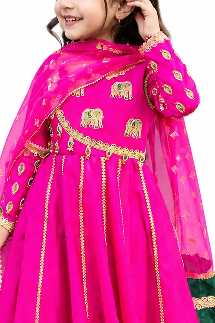Hot Pink Silk Blend Hand Embroidered Anarkali Set For Girls by The Little celebs at Pernia's Pop Up Shop