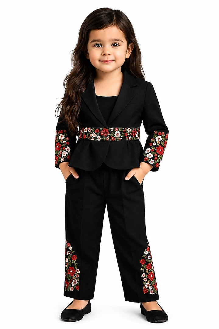Black Japanese Crepe Thread Embroidered Co-Ord Set For Girls by The Little celebs at Pernia's Pop Up Shop