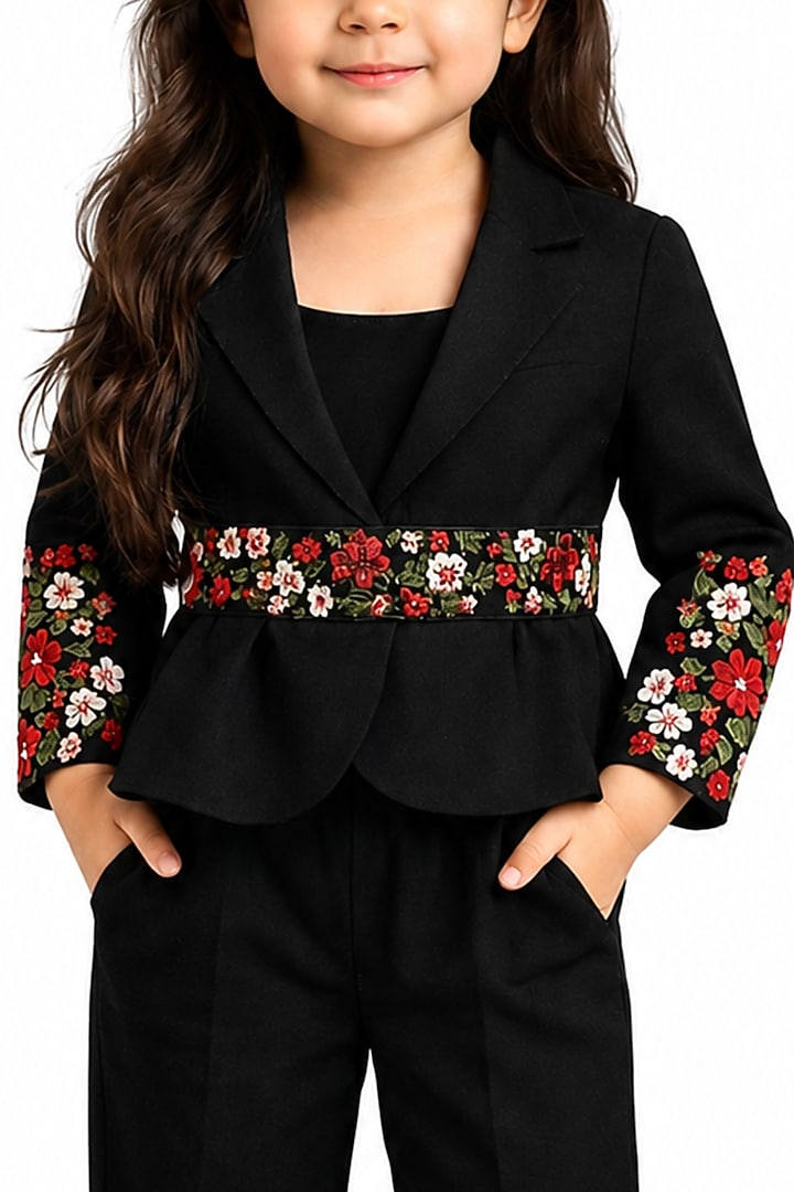 Black Japanese Crepe Thread Embroidered Co-Ord Set For Girls by The Little celebs at Pernia's Pop Up Shop