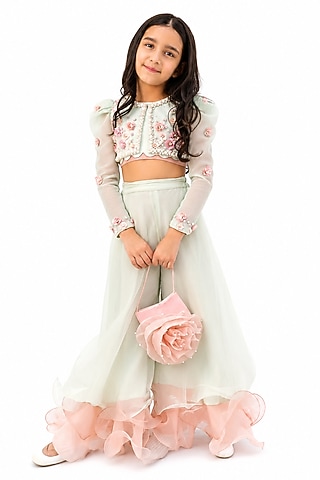 Mint Green & Peach Organza Hand Embroidered Palazzo Set For Girls by The Little celebs
