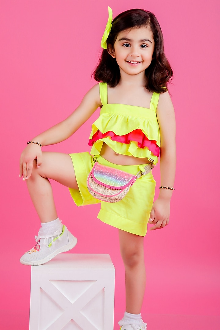 Neon Green Cotton Co-Ord Set For Girls by The Little celebs