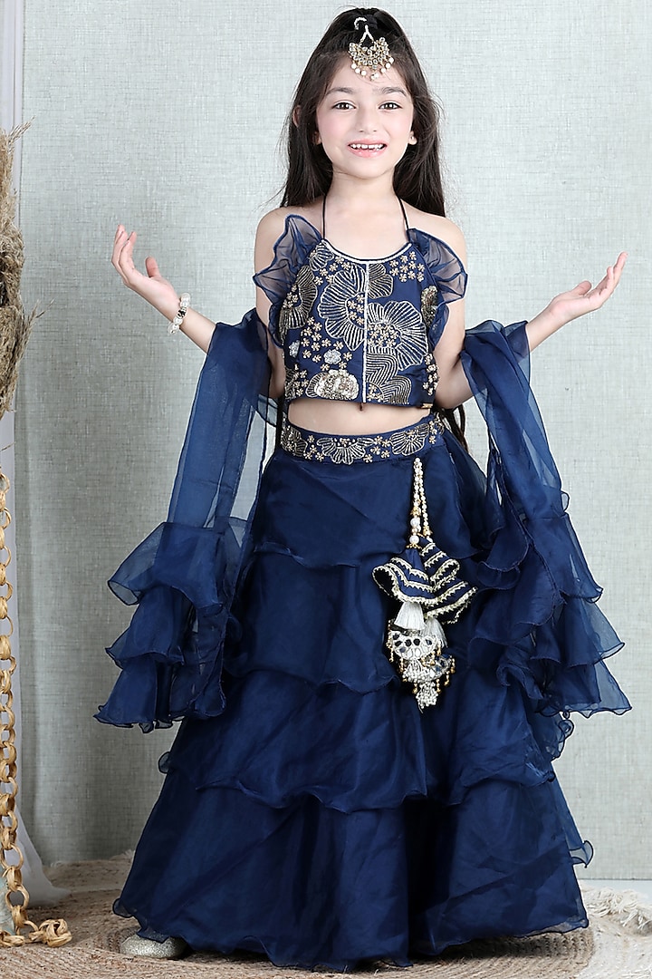 Blue Organza Embroidered Lehenga Set For Girls by The Little celebs at Pernia's Pop Up Shop