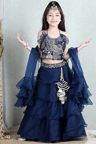 Blue Organza Embroidered Lehenga Set For Girls by The Little celebs