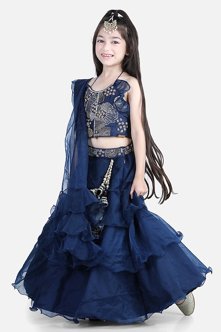 Blue Organza Embroidered Lehenga Set For Girls by The Little celebs at Pernia's Pop Up Shop