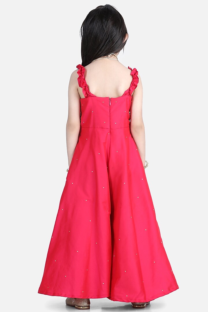 Hot Pink Silk Embroidered Jumpsuit For Girls by The Little celebs at Pernia's Pop Up Shop