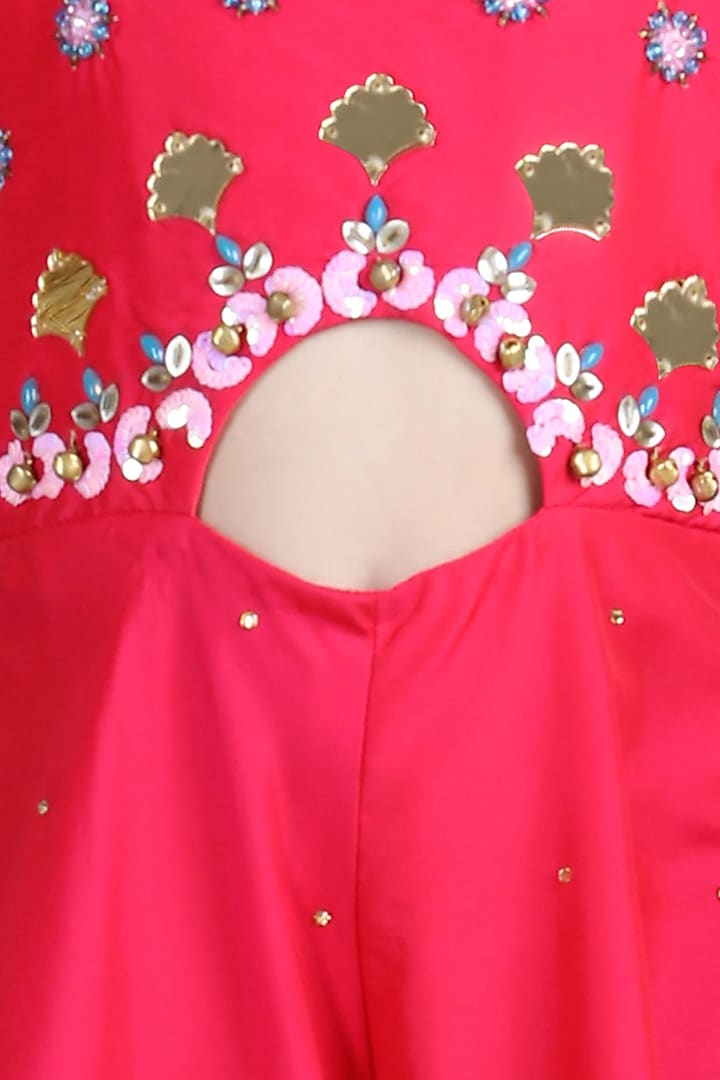 Hot Pink Silk Embroidered Jumpsuit For Girls by The Little celebs at Pernia's Pop Up Shop